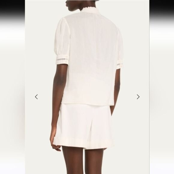 Frame White Linen Blend Short Sleeve Inset Lace Ruffle Collar Top  NWOT Sz Large - Picture 7 of 8